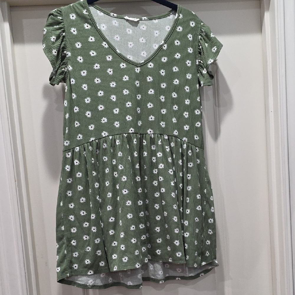 JODIFL Olive Green Daisy Print V‑Neck Tunic‎ Top
